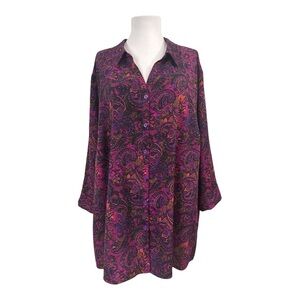 Catherines Women's 3X 26W 28W Button Down Blouse Paisley V-Neck 3/4 Sleeves